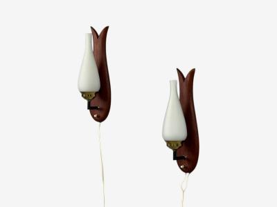 Danish Modern Wall Lights or Sconces Teak Brass Opal Glass Denmark 1960s