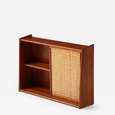 Danish Modern Wicker Wall Cabinet Shelf with Mirror 1950