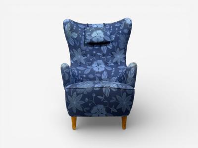 Danish Modern Wingback Chair Blue Fabric Wood Denmark 1940s
