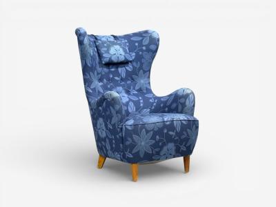Danish Modern Wingback Chair Blue Fabric Wood Denmark 1940s