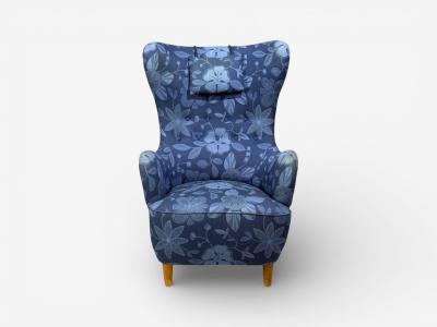 Danish Modern Wingback Chair Blue Fabric Wood Denmark 1940s