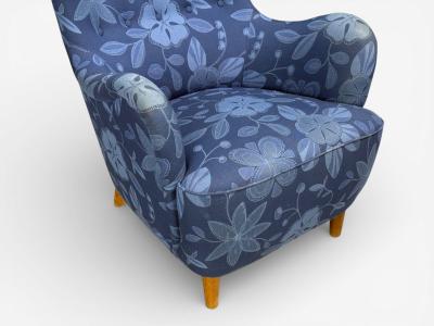Danish Modern Wingback Chair Blue Fabric Wood Denmark 1940s