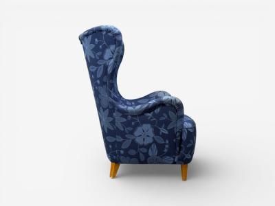 Danish Modern Wingback Chair Blue Fabric Wood Denmark 1940s