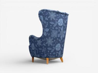 Danish Modern Wingback Chair Blue Fabric Wood Denmark 1940s