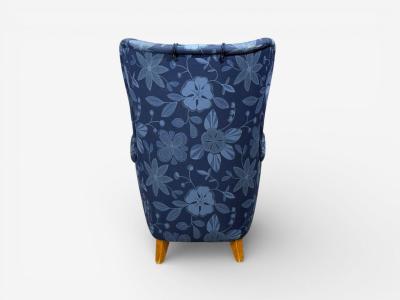 Danish Modern Wingback Chair Blue Fabric Wood Denmark 1940s