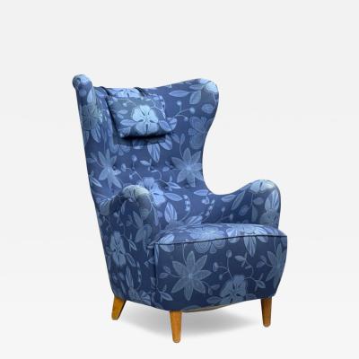 Danish Modern Wingback Chair Blue Fabric Wood Denmark 1940s
