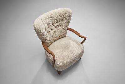 Danish Oak and Sheepskin Armchair Denmark ca 1940s