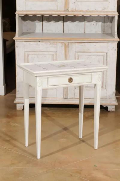 Danish Painted Wood Side Table with Tile Top Rooster Motif and Single Drawer