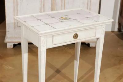 Danish Painted Wood Side Table with Tile Top Rooster Motif and Single Drawer