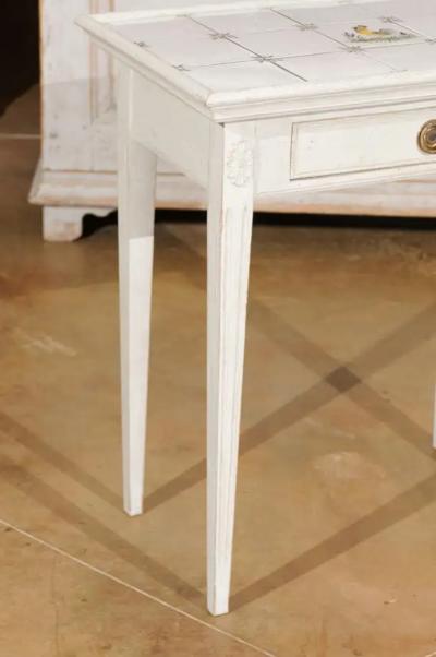 Danish Painted Wood Side Table with Tile Top Rooster Motif and Single Drawer