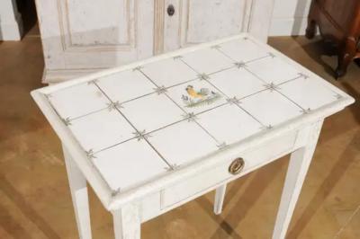 Danish Painted Wood Side Table with Tile Top Rooster Motif and Single Drawer