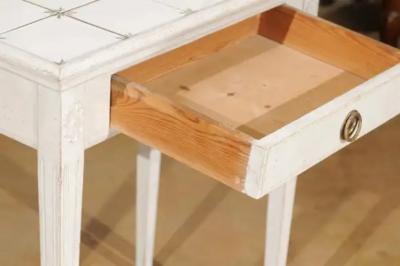 Danish Painted Wood Side Table with Tile Top Rooster Motif and Single Drawer