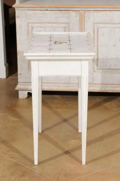 Danish Painted Wood Side Table with Tile Top Rooster Motif and Single Drawer