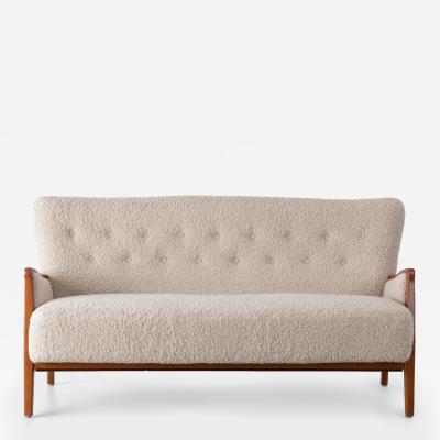 Danish Wood Frame Settee in Ivory Faux Lambswool