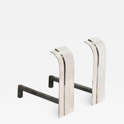 Danny Alessandro Pair of Mid Century Curved Top Polished Nickel Andirons by Danny Alessandro