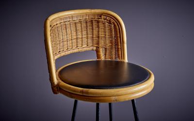 Danny Ho Fong Wrought iron and wicker bar or counter stool chair designed by Danny Ho Fong