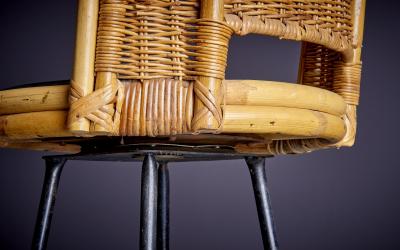 Danny Ho Fong Wrought iron and wicker bar or counter stool chair designed by Danny Ho Fong