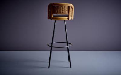 Danny Ho Fong Wrought iron and wicker bar or counter stool chair designed by Danny Ho Fong