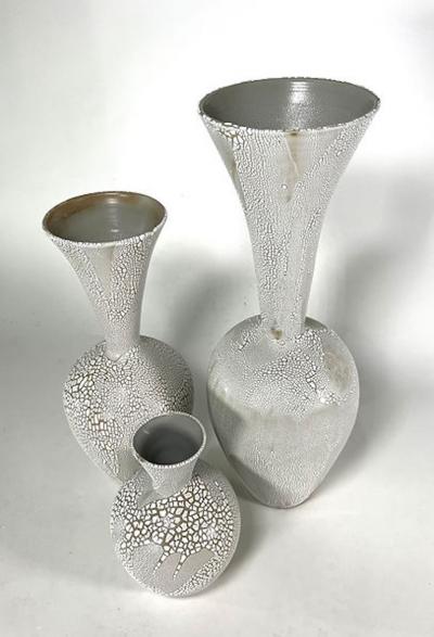 Daric Harvie A Group of 3 White Mottled Glazed Ceramic Vessels Daric Harvie