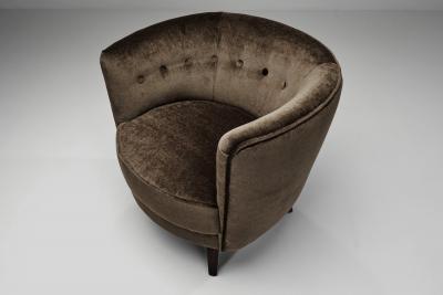 Dark Brown Upholstered Armchair with Stained Beech Legs Denmark ca 1940s