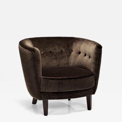 Dark Brown Upholstered Armchair with Stained Beech Legs Denmark ca 1940s