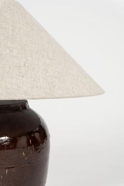 Dark Reddish Brown Glazed Table Lamp with Natural Linen Shade