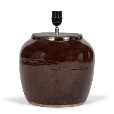 Dark Reddish Brown Glazed Table Lamp with Natural Linen Shade