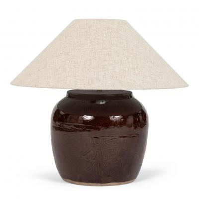Dark Reddish Brown Glazed Table Lamp with Natural Linen Shade