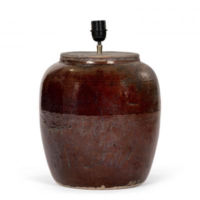 Dark Reddish Brown Glazed Table Lamp with Natural Linen Shade