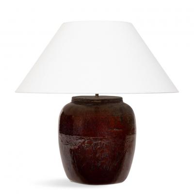 Dark Reddish Brown Glazed Table Lamp with Natural Linen Shade