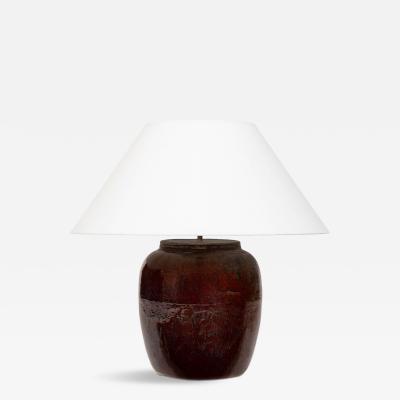 Dark Reddish Brown Glazed Table Lamp with Natural Linen Shade