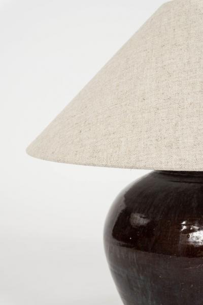 Dark Reddish Brown Glazed Table Lamp with Natural Linen Shade
