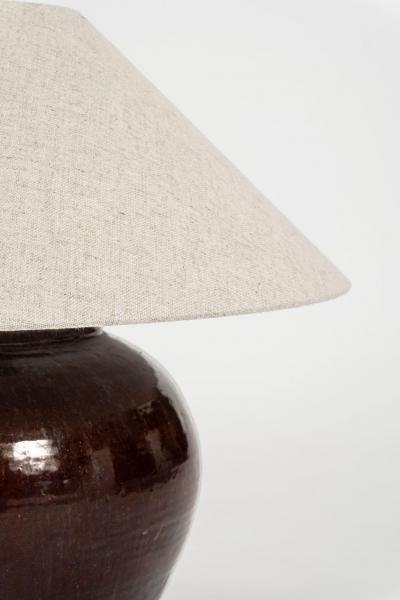Dark Reddish Brown Glazed Table Lamp with Natural Linen Shade