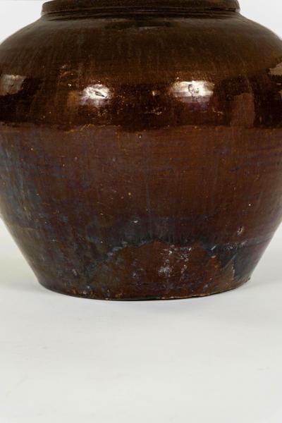 Dark Reddish Brown Glazed Table Lamp with Natural Linen Shade