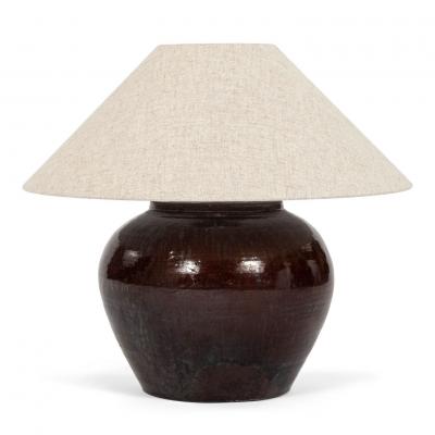 Dark Reddish Brown Glazed Table Lamp with Natural Linen Shade