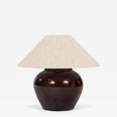 Dark Reddish Brown Glazed Table Lamp with Natural Linen Shade