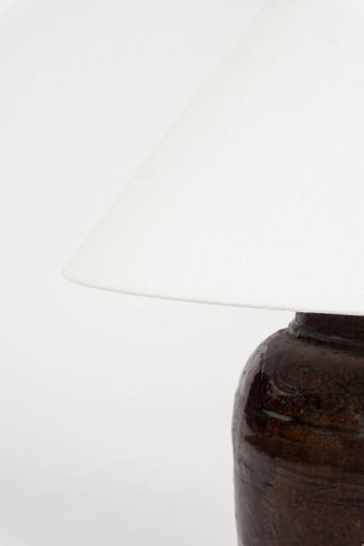 Dark Reddish Brown Glazed Table Lamp with Natural Linen Shade