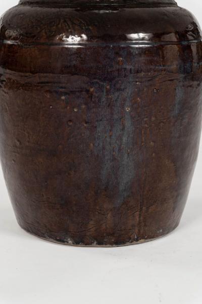 Dark Reddish Brown Glazed Table Lamp with Natural Linen Shade