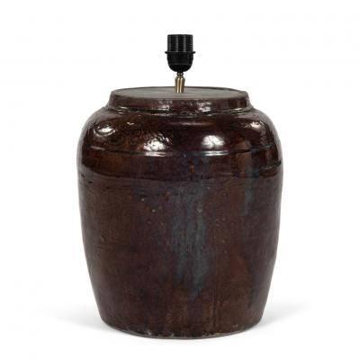 Dark Reddish Brown Glazed Table Lamp with Natural Linen Shade