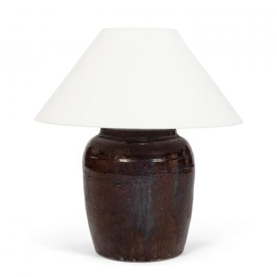Dark Reddish Brown Glazed Table Lamp with Natural Linen Shade