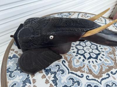 Dark Wood Carved Elephant with Tusk Sculpture 2 available 