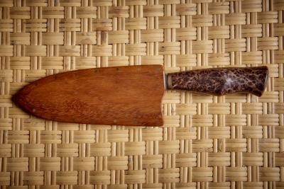 Dave Jacobson Knife with Redwood Burl Handle and Teak Knife Sheath USA 2023