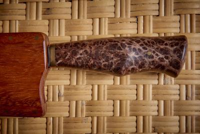 Dave Jacobson Knife with Redwood Burl Handle and Teak Knife Sheath USA 2023