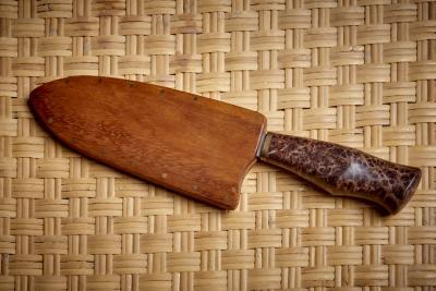 Dave Jacobson Knife with Redwood Burl Handle and Teak Knife Sheath USA 2023