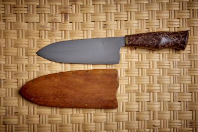 Dave Jacobson Knife with Redwood Burl Handle and Teak Knife Sheath USA 2023