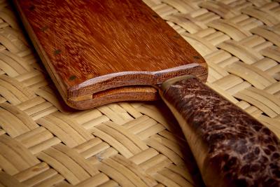 Dave Jacobson Knife with Redwood Burl Handle and Teak Knife Sheath USA 2023