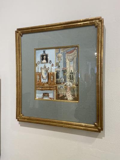 David Connell Small watercolor Blue Boudoir with Prince of Wales Chair by David Connell