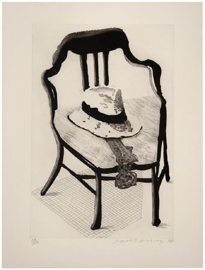 David Hockney Panama Hat with a Bow Tie on a Chair from The Geldzahler Portfolio