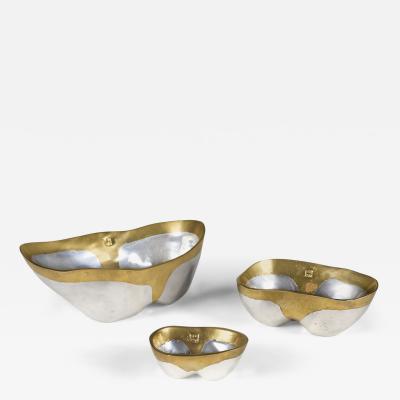 David Marshall 1970s vintage brutalist aluminium and brass set of bowls by David Marshall