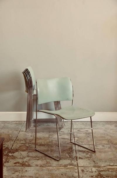 David Rowland Set of Six Teal and Chrome David Rowland 40 4 Stacking Chairs